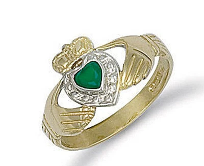 Anillo Claddagh Oro Amarillo 9ct Ágata Verde Amistad Amor Promesa Sello Completo Foto 1 de 2
