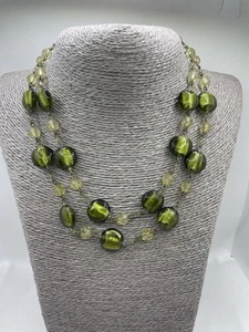 Brass Tone Green Glass Beaded Two Layered Necklace M&S Summer Wedding 1990s - Picture 1 of 7