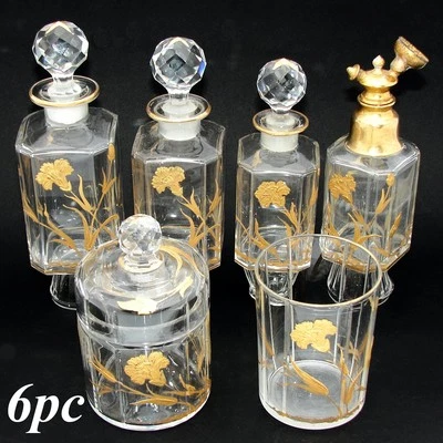Antique French St. Louis 6pc Vanity Set, Perfumes, Atomizer+, Raised Gold Enamel - Image 1 of 4