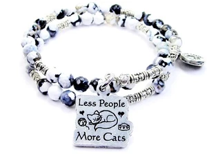 Less people more cats natural agate beaded Bangle Bracelet Pewter - Picture 1 of 1