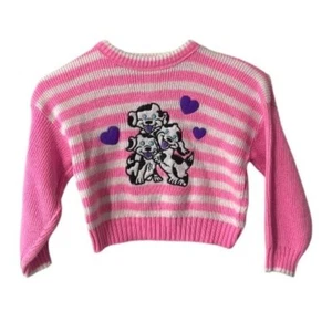 Vintage Kids Cute Pink White Striped Crewneck Knit Pullover Puppy Sweater 2T - Picture 1 of 3