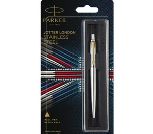 Parker Jotter Stainless Steel GT Gold Trim Fine Tip Blue Ink Ballpoint Ball Pen - Picture 1 of 3