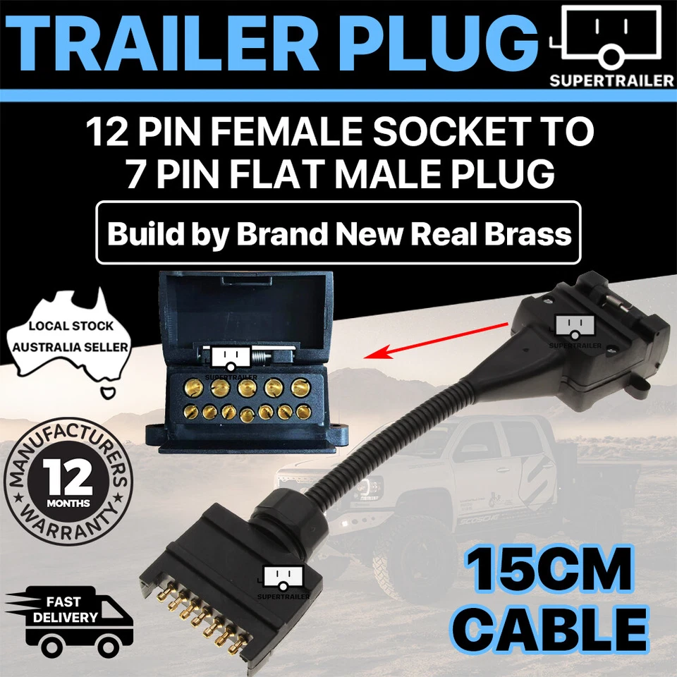 12 Pin Female Socket to 7 Pin Flat Male Plug Trailer Adaptor Caravan Connector - image 1 of 4