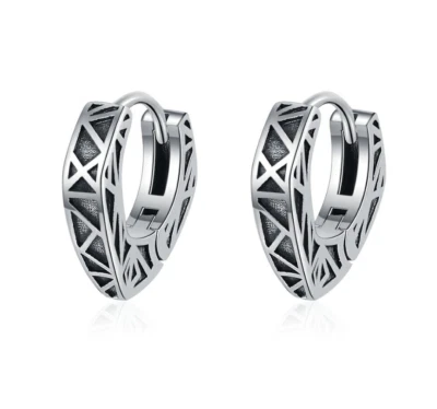 925 Sterling Silver Retro Stripe Heart Huggie Hoop Earrings 15mm/0.5" AC1 - Image 1 of 4