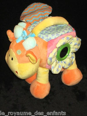 Doudou sac jeu d'éveil cachette Vache jaune orange saumon bleu miroir grelot - Photo 1/2