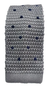 Gutteridge Knit Silk Square Tie Silvery Gray with Navy Blue Dots 60" L x 2.25" W - Picture 1 of 6