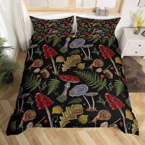 Kids Mushroom Bedding Set Mushrooms Snail Leaf Duvet Cover for Boys Girls Teens - Picture 1 of 5