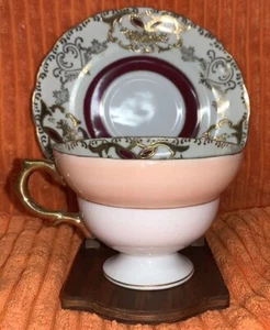 Royal Sealy Maroon, Gold, White & Pink Swirl Floral Cup & Saucer Vintage - Picture 1 of 6