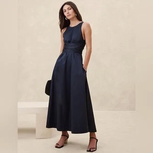 NWT! Navy Blue Stretch-Cotton Poplin Maxi Dress - Size 10 - Picture 1 of 4