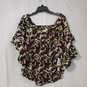 terra & sky Womens Short Ruffled Sleeve Square Neck Peasant Top Purple/Green - Picture 1 of 3