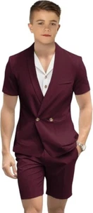 Short Sleeve Boy's Suits Double Breasted Formal Suits Blazer Pant Slim Fit 2 Pcs - Picture 1 of 31