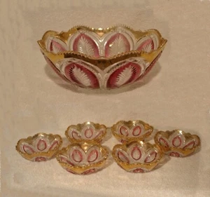 U S Glass Panelled Palm Maidens Blush Decorated Complete 7 pc Berry Set Gorgeous - Picture 1 of 6