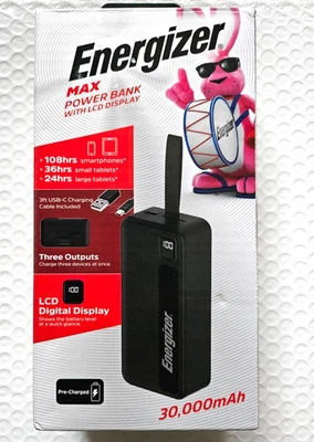 Energizer - MAX 30,000mAh 15W USB-C 3-Port Portable Battery Charger w/ LCD-Black - Image 1 of 4