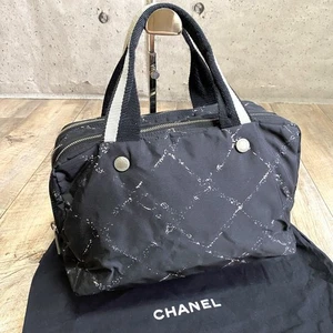 Authentic Chanel Travel Line Tote Bag Canvas Handbag Black Mini Boston Old - Picture 1 of 10