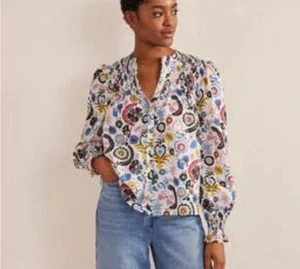 BODEN Floral Long Sleeve Smocked Yoke Shirt Sz 10 NWT - Picture 1 of 11