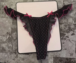VICTORIA'S SECRET XS/S SMOOTH POLKA DOT RUFFLE LACE VINTAGE RARE THONG PANTIES - Picture 1 of 5