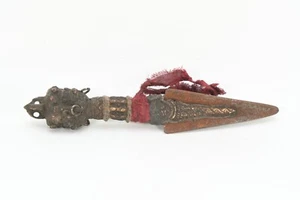Copper Carved Tibetan Three Head Mahakala Snake Carved Phurba Vajrayana Buddhism - Picture 1 of 7
