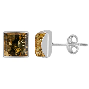 925 Solid Pure Sterling Silver Green Baltic Amber Square Medium Stud Earrings - Picture 1 of 7
