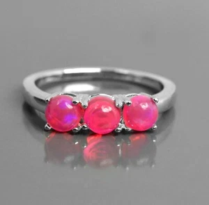 925 Sterling Silver 5 MM Natural Ethiopian Pink Opal Gemstone Three Stone Ring - Picture 1 of 8