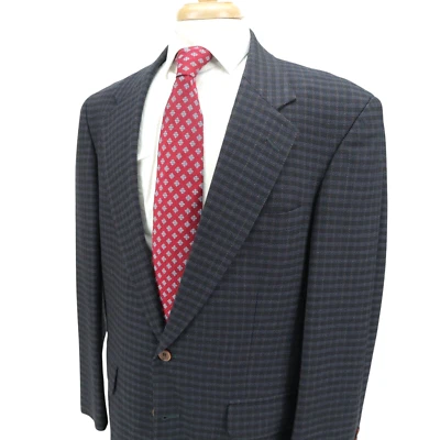 VTG Lands End Textured Silk Wool Dark Blue Check Blazer Sport Coat Jacket 42R - Image 1 of 4