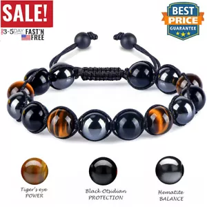 10MM Thriple Protection Bracelet Tiger Eye Obsidian Magnetic Hematite Bracelets - Picture 1 of 6