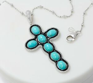 QVC Turquoise & Enamel Cross Enhancer with 36" Sterling Silver Chain 