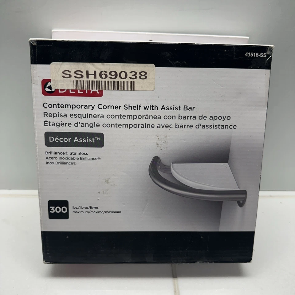 Delta Bath Safety Contemporary Corner Shelf With Assist Bar 41516-ss Stainless