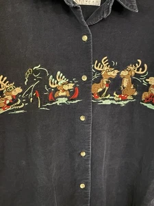 Vtg Reindeer Ski Christmas Embroidered Button Up Shirt Women's M Blue Corduroy - Picture 1 of 15
