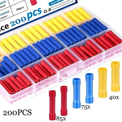 200PCS Butt Connectors 10-22 AWG, Pure Copper Insulated Crimp Terminals 3 Color  - Image 1 of 4