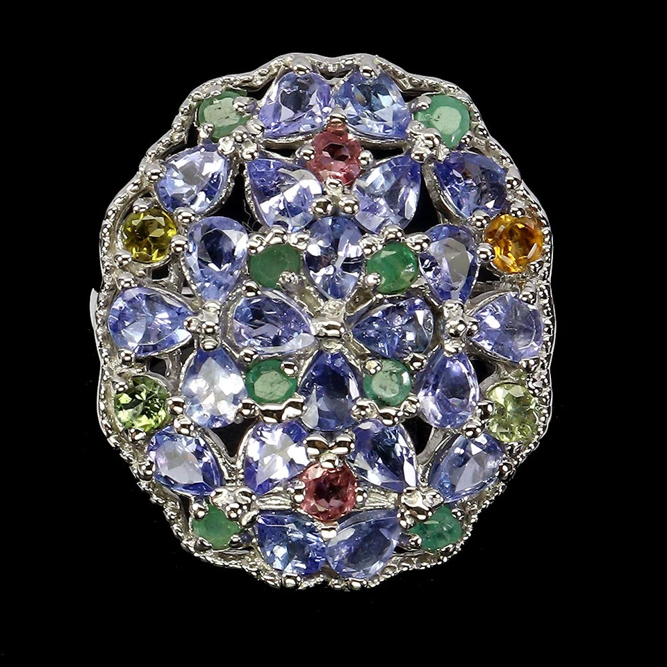 925 Sterlingsilber Ring Birne Tansanit Smaragd Turmalin Edelstein Schmuck Sz 8 - Bild 1 von 4