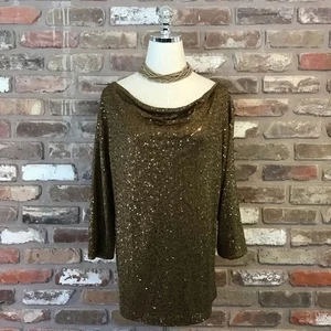 EILEEN FISHER Damen braun Mikro Pailletten SEIDE 3/4 Ärmel drapierter Ausschnitt Oberteil XL - Bild 1 von 5