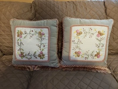 Brocado Flor Travesseiros Vintage Borla Franja Rosetas 14 X 14 Conjunto de 2 - Imagem 1 de 4