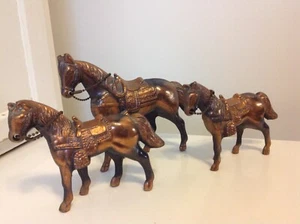 Vintage Set of 3 Cast Metal Copper Bronze Horse Figurine Saddle Chain 5"&7" MCM - Picture 1 of 3