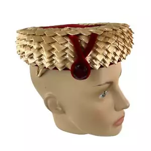 Sombrero pastillero vintage de rafia roja - Imagen 1 de 8