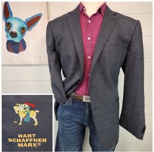 Hart Schaffner Marx Mens Two Button Blazer Blue Wool Check Windowpane Sz 48R