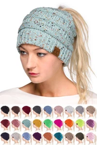 C.C Women's Confetti Stretch Beanietail Messy Bun Ponytail Ribbed Beanie Hat - Picture 1 of 213