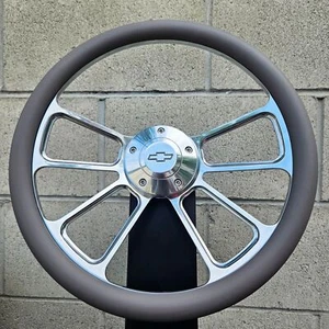 14" Billet 4 Spoke Steering Wheel w/ Grey Vinyl Wrap and Licensed Chevy Horn - Picture 1 of 4