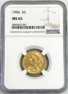 1906 GOLD USA $5 LIBERTY HEAD HALF EAGLE COIN NGC MINT STATE 65 - Picture 1 of 2