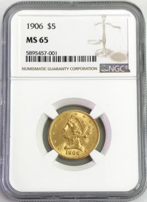 1906 GOLD USA $5 LIBERTY HEAD HALF EAGLE COIN NGC MINT STATE 65 - Image 1 of 2