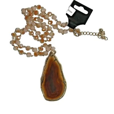 Agate Teardrop Pendant Necklace 3" Beaded Peaches & Cream Boho Jewelry - Image 1 of 4