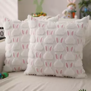 Easter Pillow Covers 18X18 Inch Set of 2 Easter Decorations Pink Ears White Rabb - Picture 1 of 6