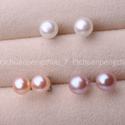 3 Pairs 7-8mm White Pink Purple Natural Freshwater Pearl Silver Stud Earrings - Image 1 of 4