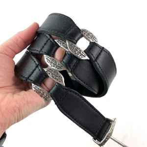 Vintage Genuine Split Black Leather Belt Silver Etched Medallion Womens XL - Picture 1 of 4