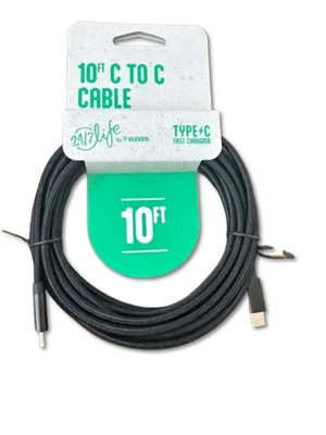 24/7 LIFE 10FT. TYPE C TO TYPE C Braided Mesh Fast Charging Cable (Black) - Image 1 of 2
