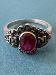 Vintage Art Deco .925 Sterling Silver Ruby Red & Marcasite Ring ,Size 10,75” - Picture 1 of 9