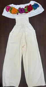 Mexican Oxican Embroidered Crochet linen Floral Girls Jumpsuit S - Picture 1 of 4