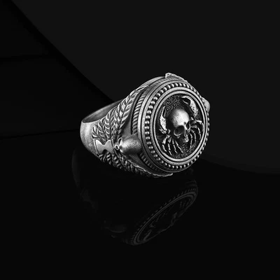 Anillo con sello de calavera del zodiaco de cáncer anillo oxidado de plata de ley 925 libre de impuestos Foto 1 de 4