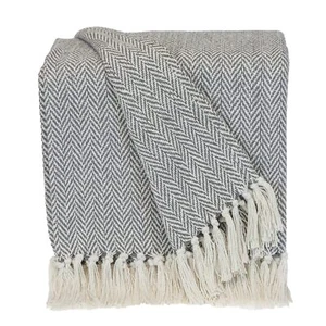 Handloomed Light Gray Cotton Throw Blanket with Tassels - Picture 1 of 5