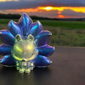 Handcrafted Holographic Blue Resin Kawaii Fox Figurine With Sparkly Nine Tails - Picture 1 of 5