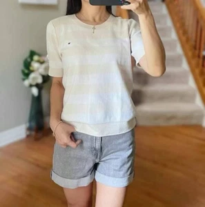 Tommy Hilfiger Women’s Short Sleeve Sweater Shirt Knit Beige M Striped Crew Neck - Picture 1 of 14